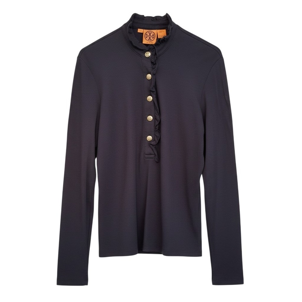 Tory Burch Navy Blue Pima Cotton Ruffle Henley Long Sleeve Top Gold Logo Buttons